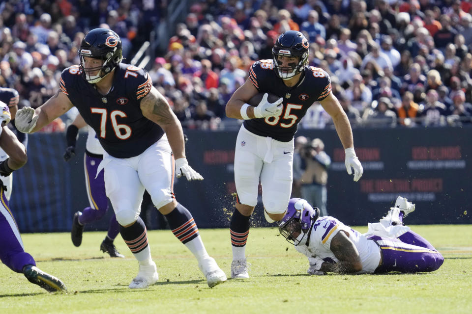 Chicago Bears tight end Cole Kmet (85) runs during the first half of an NFL football game against the Minnesota Vikings, Sunday, Oct. 15, 2023, in Chicago. (AP Photo/Nam Y. Huh)