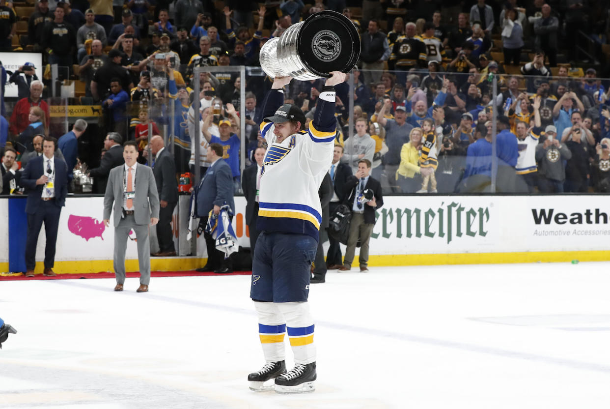 St. Louis Blues right wing Vladimir Tarasenko revealed that he'll be fine for training camp after dislocating his shoulder during Game 2 of the Stanley Cup Final. (Fred Kfoury III/Icon Sportswire via Getty Images)