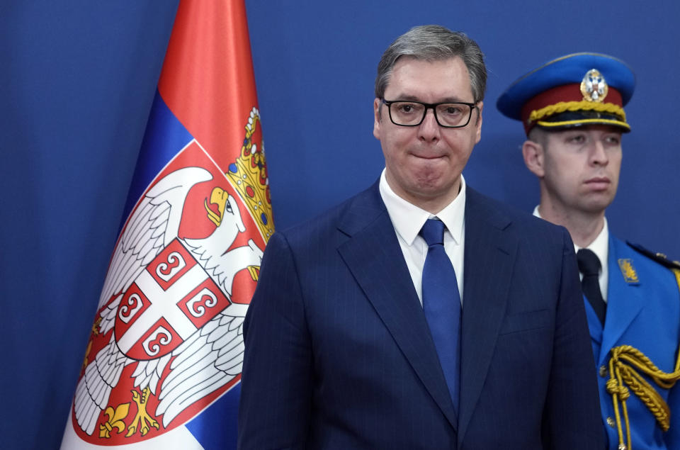 Serbian President Aleksandar Vucic listens to his Egyptian counterpart Abdel Fattah el-Sisi during a press conference at the Serbia Palace in Belgrade, Serbia, Wednesday, July 20, 2022. El-Sisi is on a three-day official visit to Serbia. (AP Photo/Darko Vojinovic)