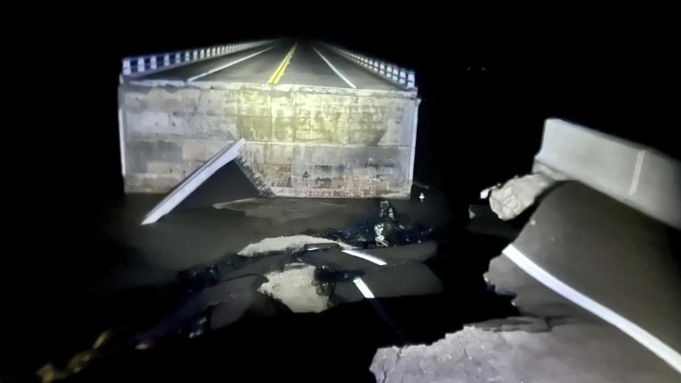 A section of the Sanibel Causeway in Lee County appears to have fallen into the water.