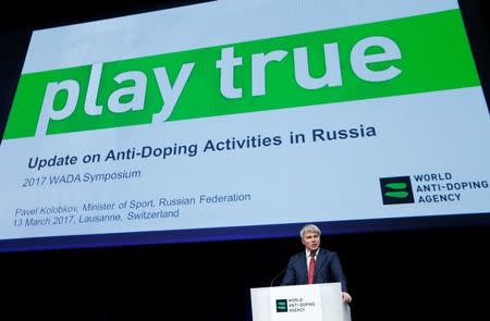 FILE PHOTO: Pavel Kolobkov, Minister of Sport of Russia addresses the Symposium of the World Anti Doping Agency (WADA) in Ecublens, Switzerland, March 13, 2017. REUTERS/Denis Balibouse