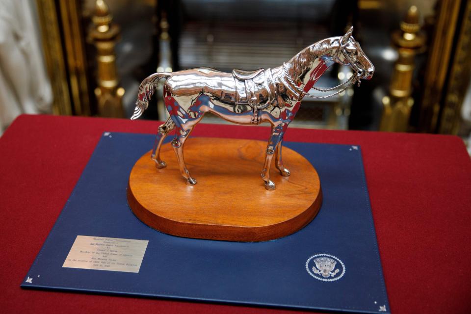 American Pewter Thoroughbred, a gift presented to Britain's Queen Elizabeth II by US President Donald Trump and US First Lady Melania Trump on their last visit to the UK in 2018