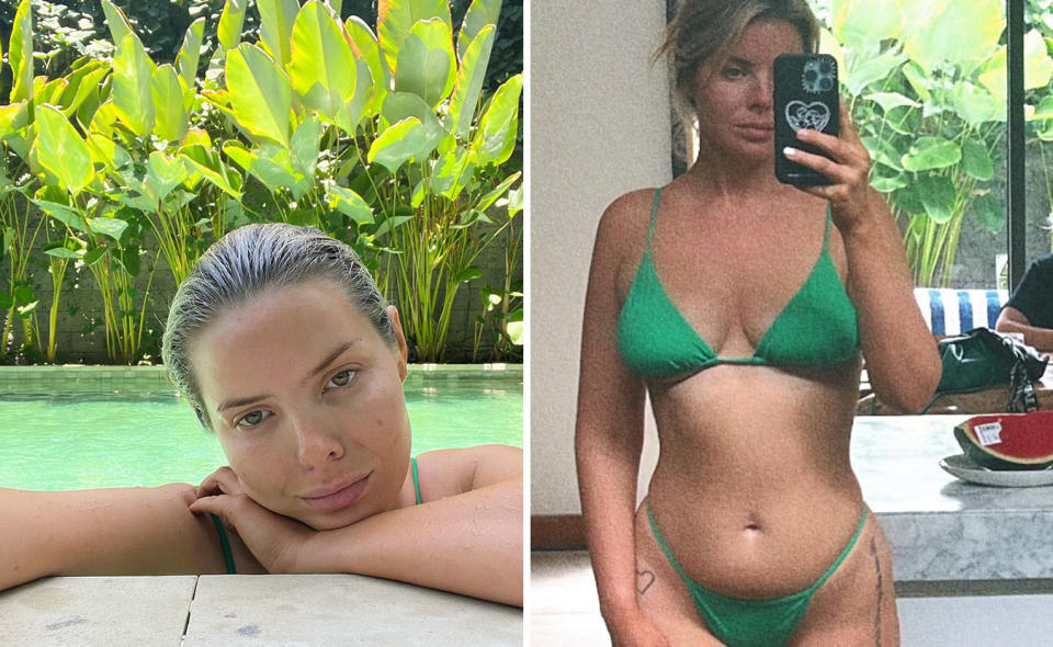 L: Olivia Frazer in a pool. R: Olivia Frazer takes a mirror selfie in green string bikini