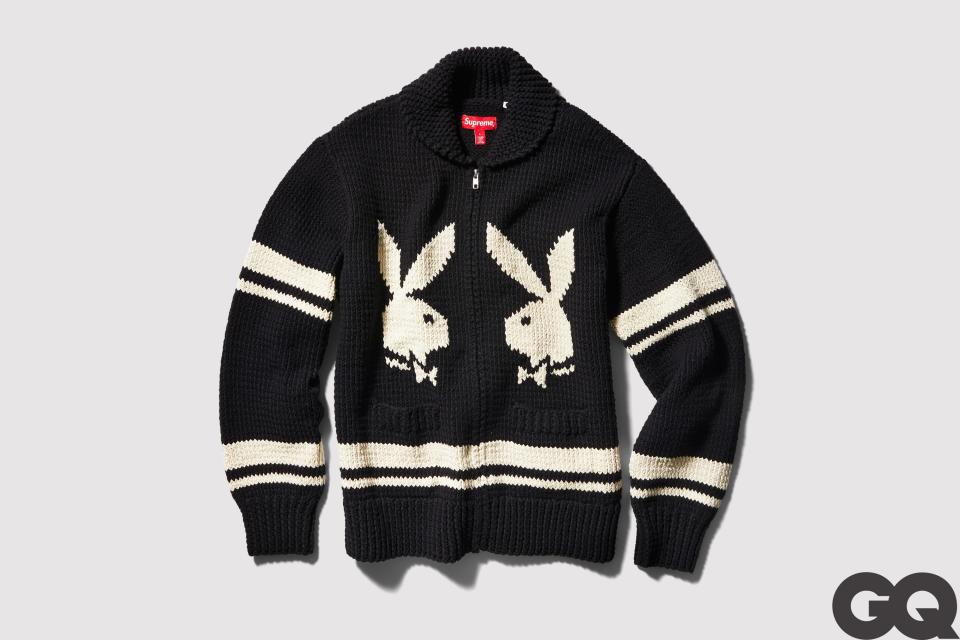 Supreme/Playboy shawl collar full-zip sweater, fall-winter 2017.