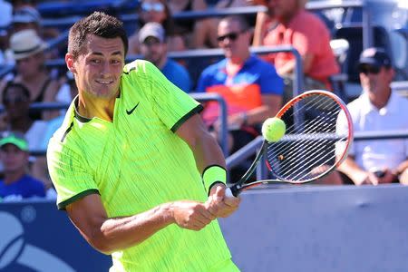 Aug 30, 2016; New York, NY, USA; Bernard Tomic of Australia returns a shot to Damir Dzumhur of Bosnia and Herzegovina (not pictured) on day two of the 2016 U.S. Open tennis tournament at USTA Billie Jean King National Tennis Center. Mandatory Credit: Anthony Gruppuso-USA TODAY Sports