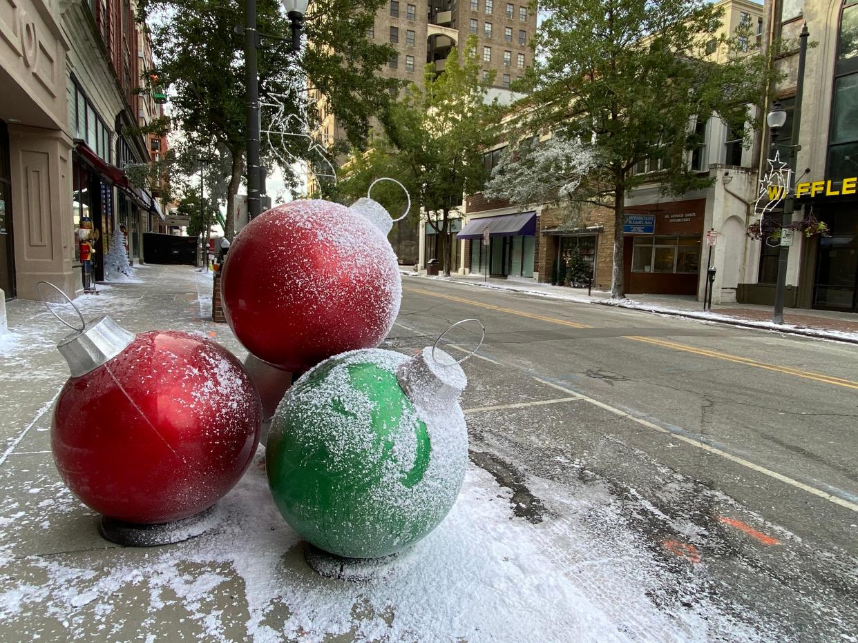 Set decorations and fake snow still sat on the sidewalk of downtown Wilmington following filming on Hallmark Movies & Mysteries' "USS Christmas" in 2020.