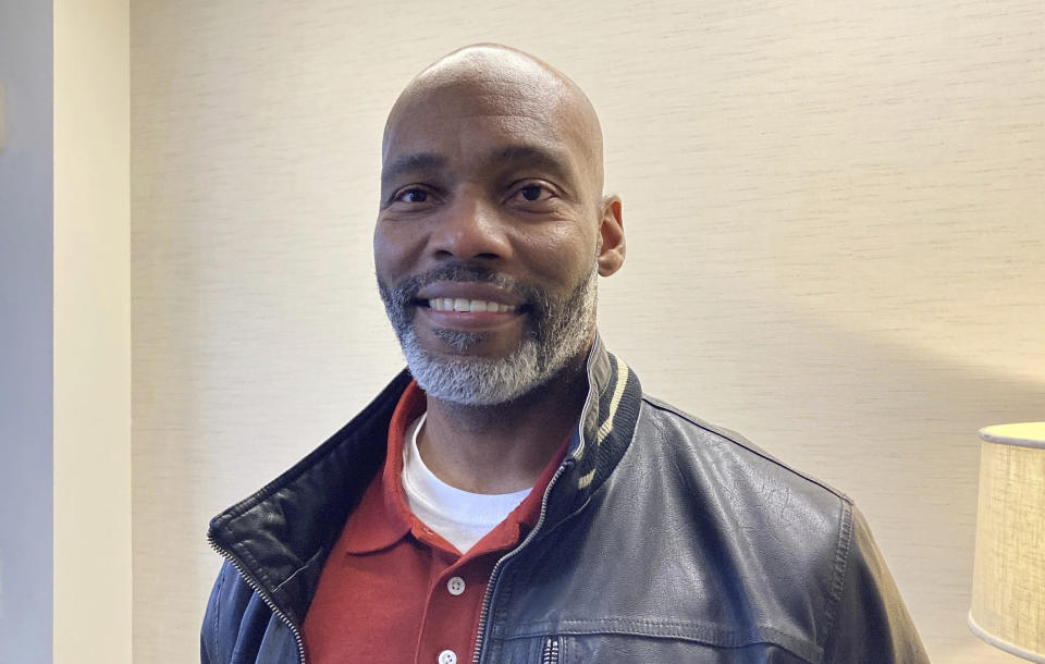 Lamar Johnson, pictured at a law office in Clayton, Mo., on Friday, Feb. 17, 2023, is now free after spending nearly 28 years in prison for the death of a St. Louis man. A St. Louis judge on Tuesday overturned Johnson's conviction. (AP Photo/ Jim Salter)