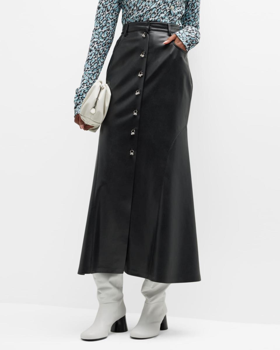 13) Reza Button-Front Faux Leather Maxi Skirt