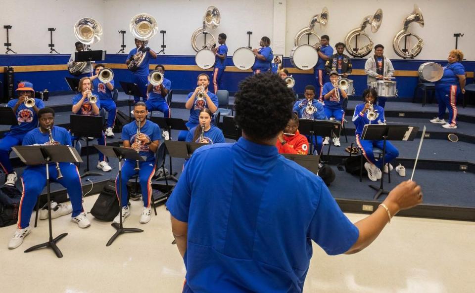 Richard Beckford, the director of bands at Florida Memorial University, speaks to students during a rehearsal on Friday, June 9, 2023 in Miami Gardens, Florida.