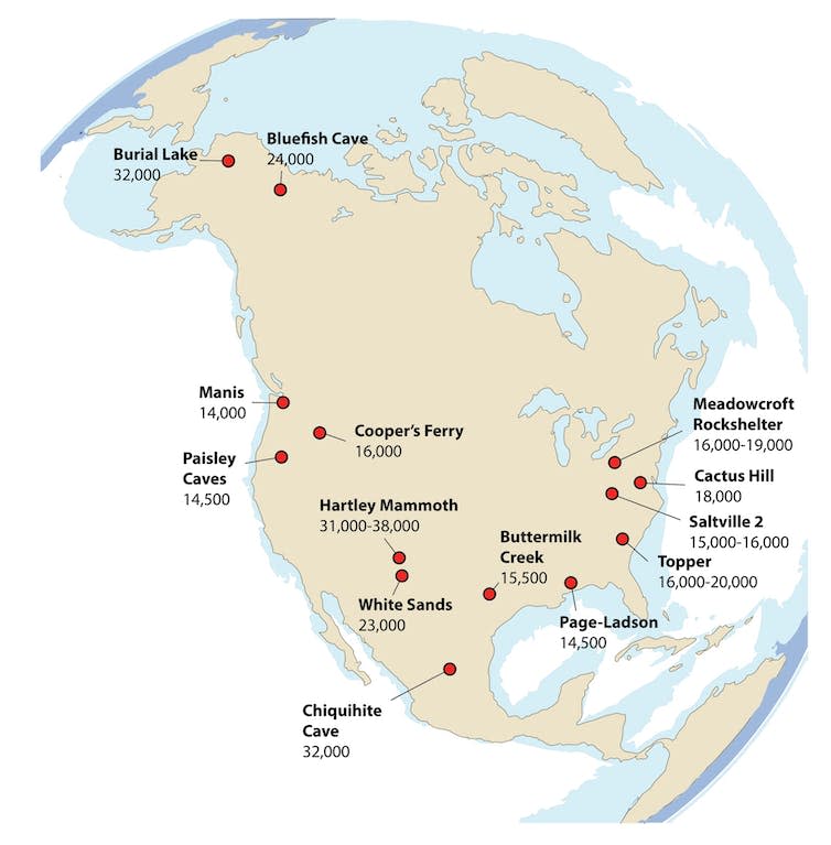 Map showing sites of pre-Clovis sites