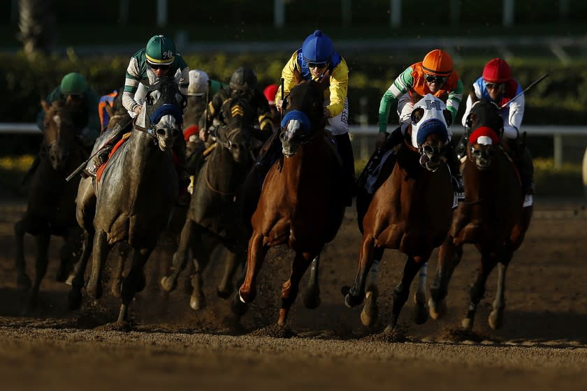 ARCADIA, CALIF. -- WEDNESDAY, DECEMBER 26, 2018: Gift Box (7), left, Dabster (3), center, and Battle of Midway (2), second from right, jockey for position as they head towards the stretch in the San Antonio Stakes (Grade II), eighth race, on Opening Day at Santa Anita Park in Arcadia, Calif., on Dec. 26, 2018. Gift Box went on to win the race. (Gary Coronado / Los Angeles Times)