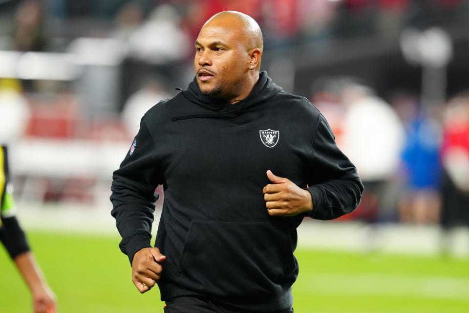 Nov 26, 2023; Paradise, Nevada, USA; Las Vegas Raiders interim head coach Antonio Pierce leaves the field after the Chiefs defeated the Raiders 31-17 at Allegiant Stadium. Mandatory Credit: Stephen R. Sylvanie-USA TODAY Sports