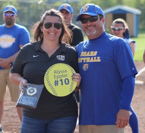 Jefferson softball coach Chap Liptow welcomes Alyssa Eppler into the school's new Ring of Honor Thursday.