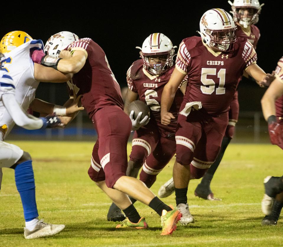 Northview's Jamarkus Jefferson (No. 6) runs through the Chipley defense during the FSHAA Region 1-1R  Football Ball Championship game win over the Tigers on Friday, Nov. 25, 2022. Northview downed Chipley 42-6.  