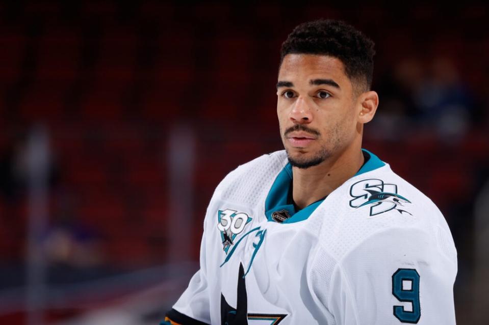 Evander Kane #9 of the San Jose Sharks warms up during the NHL game against the Arizona Coyotes at Gila River Arena on March 27, 2021, in Glendale, Arizona. The Coyotes defeated the Sharks 4-0. (Photo by Christian Petersen/Getty Images)