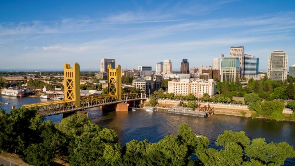 Aerial view of Sacramento river and city