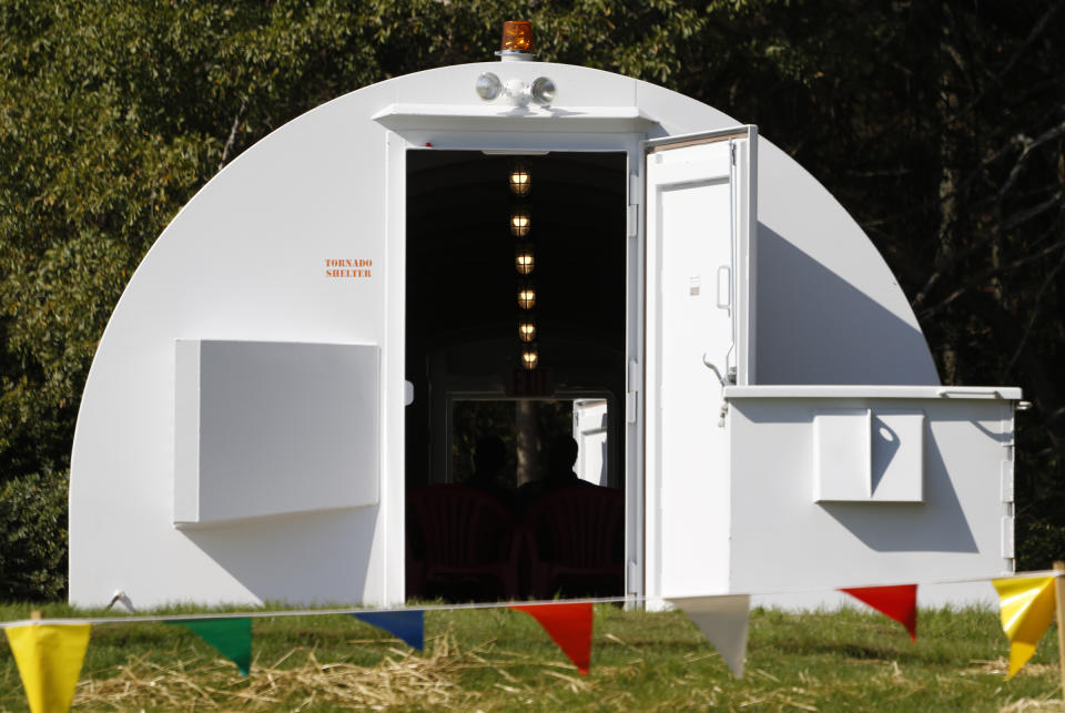 An Oct. 22, 2015 photo shows a tornado shelter built by David A. Roden, owner of Mountain View Estates in Chattanooga, for his mobile home park residents in Rossville, Ga. Experts have long warned that people in mobile homes face a greater risk of death from tornadoes, yet laws requiring storm shelters in trailer parks or public spaces such as schools are few and far between. Roden believes he is the first park owner in the southeast to offer residents a storm shelter. (Dan Henry/Chattanooga Times Free Press via AP) /Chattanooga Times Free Press via AP)