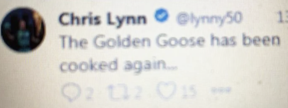 Chris Lynn's deleted tweet about the BBL10 fixture, which reads 'The Golden Goose has been cooked again'.