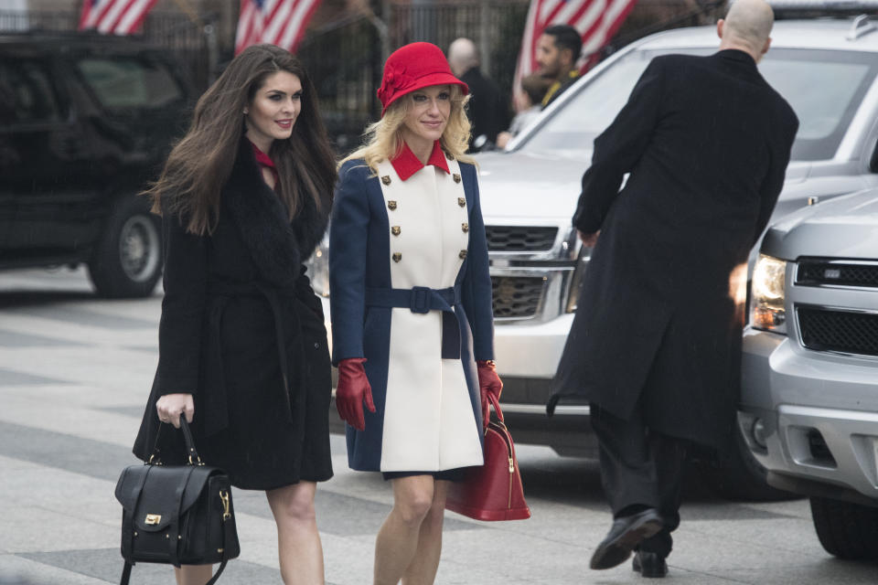 Hope Hicks and Kellyanne Conway depart the Blair House in Washington, DC on Friday, Jan. 20, 2017.