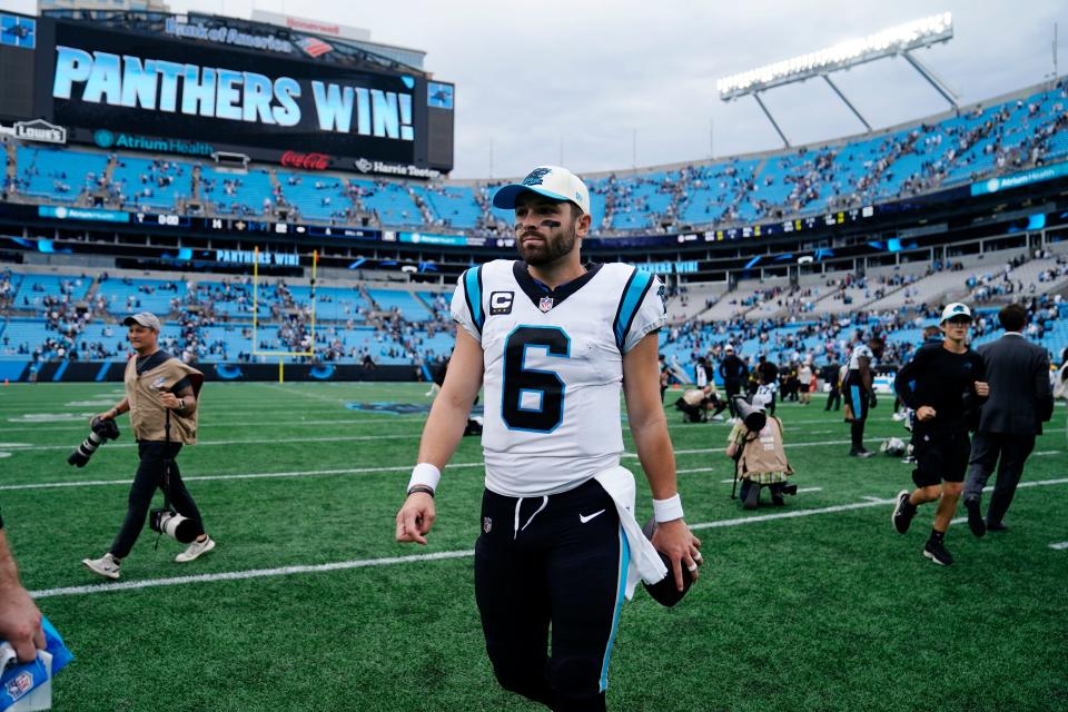 Carolina Panthers quarterback Baker Mayfield (6) walks off the field after an NFL football game against the New Orleans Saints, Sunday, Sept. 25, 2022, in Charlotte, N.C. (AP Photo/Jacob Kupferman)
