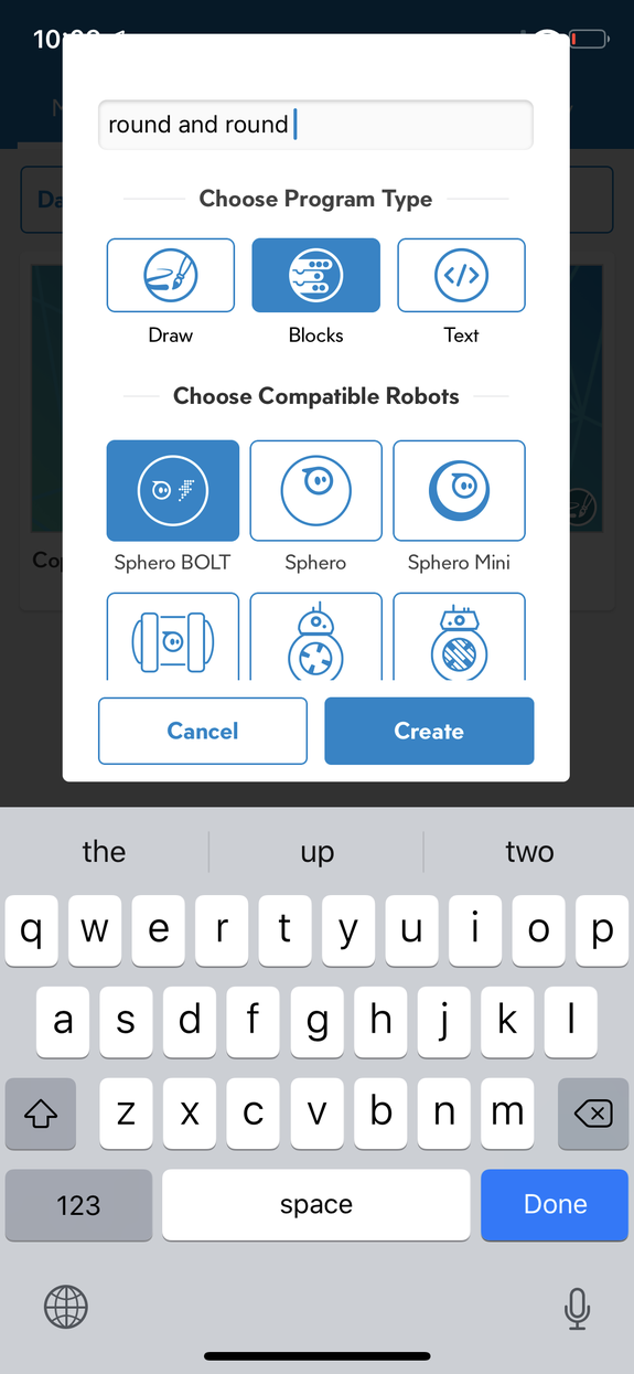 You can chose between Draw, Block, or Text for ways to program.