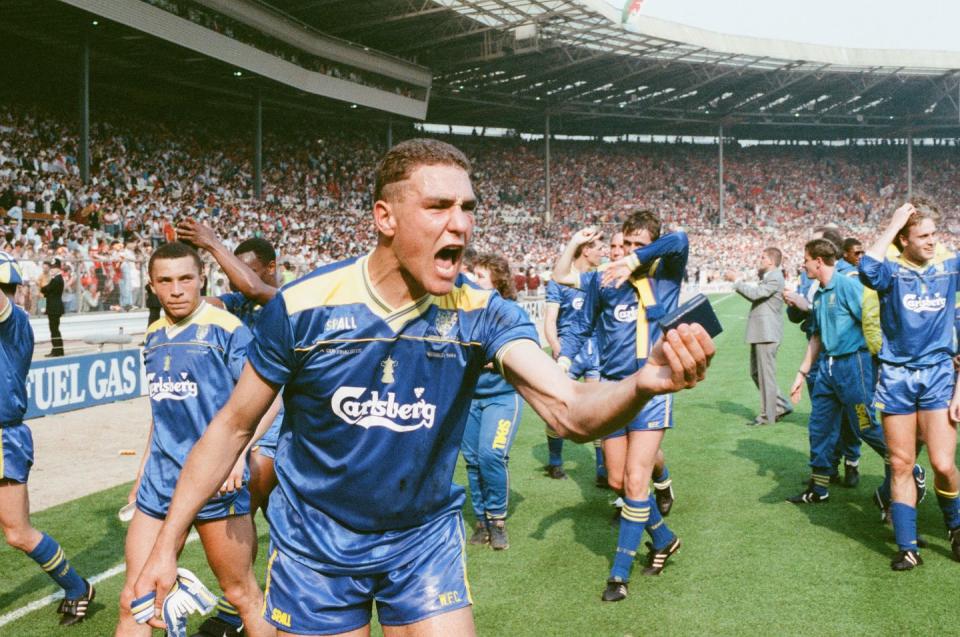 wimbledon v liverpool fa cup final 1988 at wembley stadium, london saturday 14th may 1988 winners wimbledon fc, vinnie jones final score wimbledon 1 0 liverpool photo bydaily mirrormirrorpixgetty images