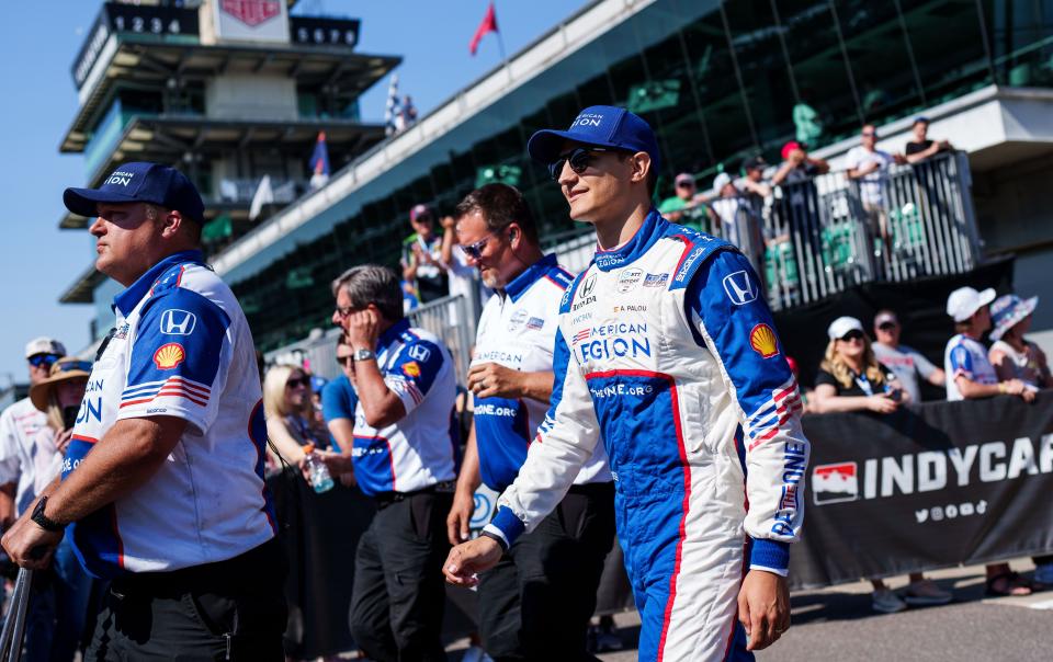 Chip Ganassi Racing driver Álex Palou (10) makes his way onto the track Sunday, May 21, 2023, before Firestone Fast Six qualifying at Indianapolis Motor Speedway in preparation for the 107th running of the Indianapolis 500.