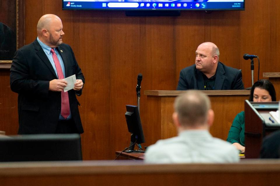 Assistant District Attorney George Huffman questions Waffle House District Manager Floyd Virgil on the witness stand during day one of the trial of Johnny Max Mount for the 2015 murder of Julie Brightwell in Harrison County Court in Biloxi on Tuesday, June 13, 2023.