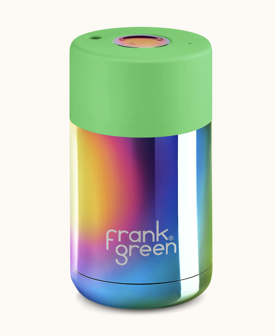 Chrome rainbow ceramic reusable cup with chrome button, $54.95