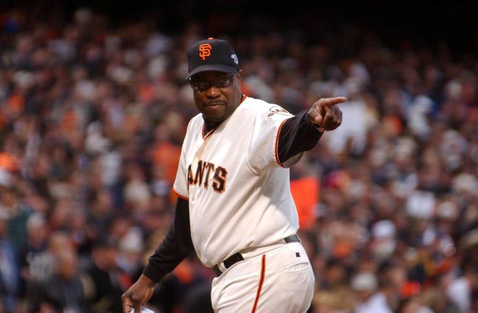 Dusty Baker makes a point during the first inning of Game 3 of the 2002 World Series between the Anaheim Angels and the San Francisco Giants at Pacific Bell Park.