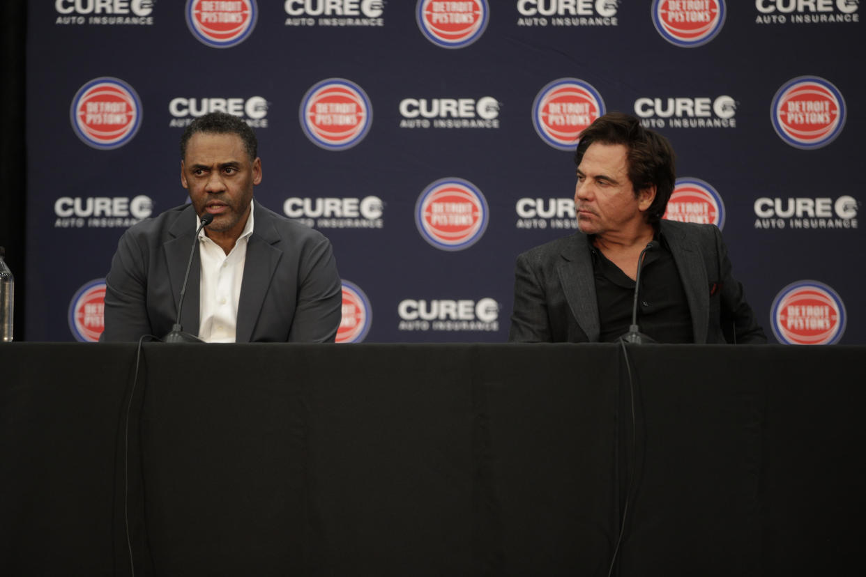 Pistons general manager Troy Weaver and team owner Tom Gores, shown during a June 2023 news conference, are feeling the pressure of Detroit's 25-game losing skid. (Brian Bradshaw Sevald/USA TODAY Sports)