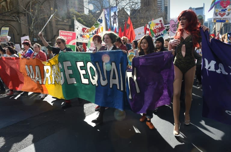 Supporters of same-sex marriage attend a rally in Sydney on August 9, 2015