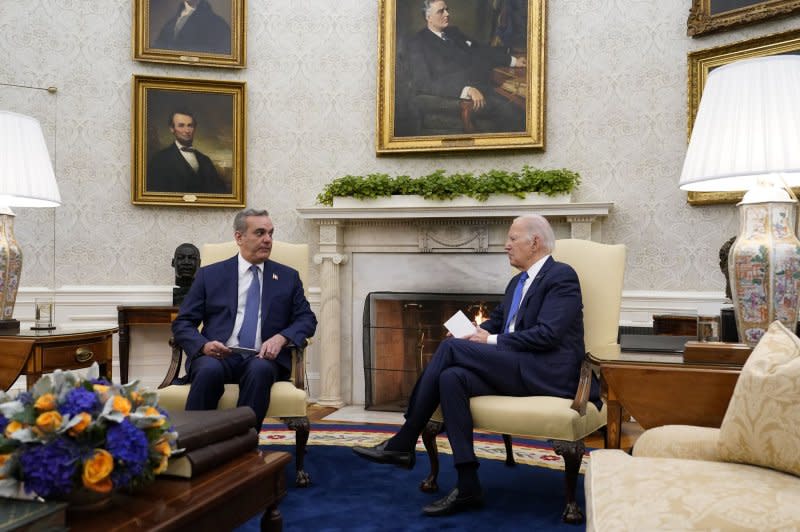 United States President Joe Biden holds a bilateral meeting with President Luis Abinader of the Dominican Republic at the White House on Thursday. The leaders delved into the promotion of democratic principles and the advancement of labor rights. Photo by Chris Kleponis/ UPI