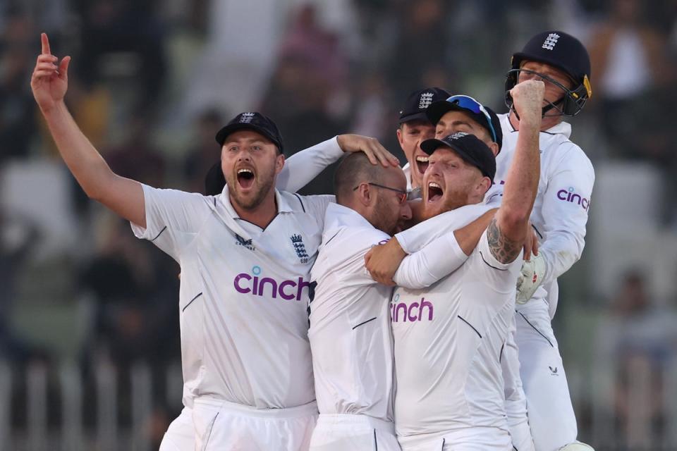 Celebrations: England secured an incredible 74-run win over Pakistan in Rawalpindi (Getty Images)