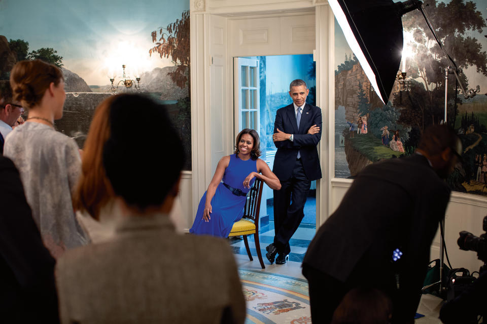 President Barack Obama and First Lady Michelle Obama participate in a photo shoot with Miller Mobley for Parade magazine in the Diplomatic Reception Room of the White House, May 20, 2014. [Photo: Official White House Photo by Lawrence Jackson] 