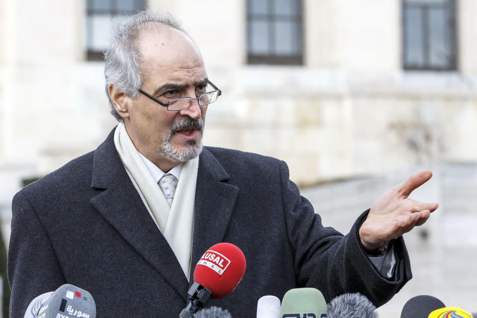 Syrian chief negotiator Bashar Jaafari, Ambassador of the Permanent Representative Mission of Syria to the UN in New York, speaks to the media during a ns conference after the second round of negotiations between the Syrian government and the opposition at the European headquarters of the United Nations, in Geneva, Switzerland, Saturday , Feb. 15, 2014. U.N.-Arab League mediator Lakhdar Brahimi ended direct talks between the Syrian government and opposition Saturday without finding a way of breaking the impasse in peace talks. Saturday's talks, which lasted less than half an hour, left the future of the negotiating process in doubt. (AP Photo/Keystone, Salvatore Di Nolfi)