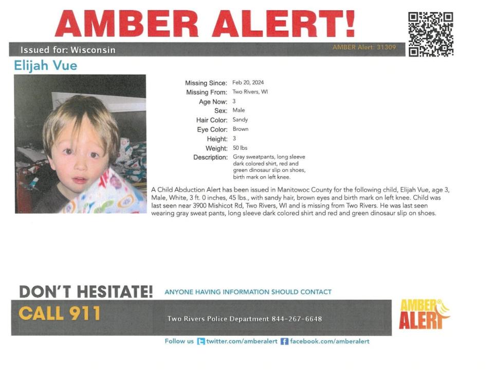 An Amber Alert was issued for Elijah Vue the day he disappeared, 20 February 2024 (National Center for Missing and Exploited Children)