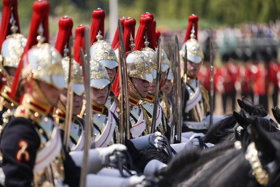 Soldiers attend the Colonel's Review, the final rehearsal of the Trooping the Colour, the King's annual birthday parade, at Horse Guards Parade in London, Saturday, June 10, 2023. (AP Photo/Alberto Pezzali)