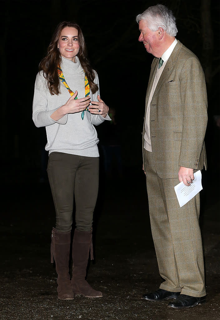 The Duchess of Cambridge dressed in Zara pants and fringe boots to celebrate the 100th anniversary of the Cub Scouts. 