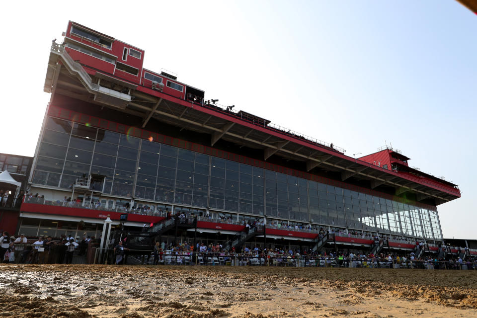 BALTIMORE, MARYLAND - MAY 18: A general view of the grandstand prior to the 144th Running of the Preakness Stakes at Pimlico Race Course on May 18, 2019 in Baltimore, Maryland. (Photo by Rob Carr/Getty Images)