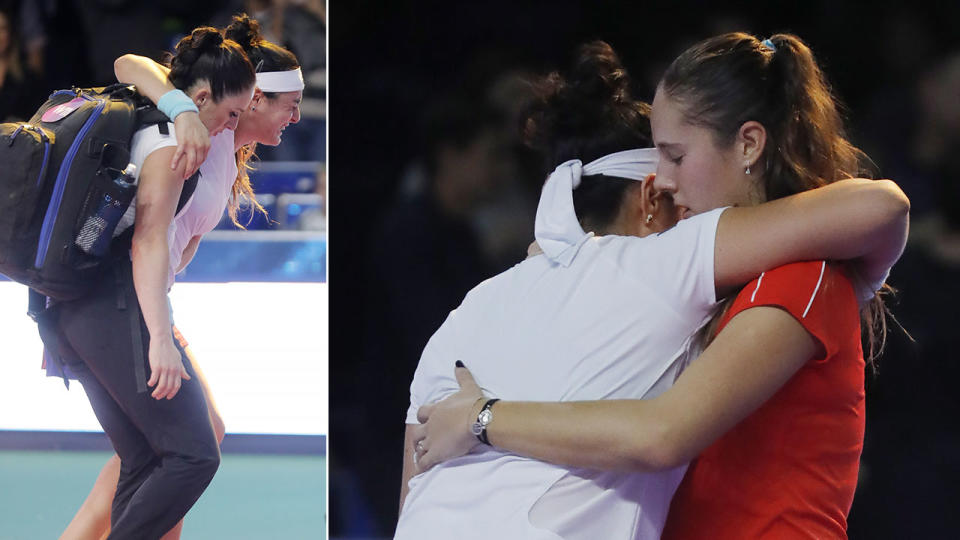 The beautiful moment of sportsmanship between Daria Kasatkina and Ons Jabeur at the Kremlin Cup. Pic: Getty