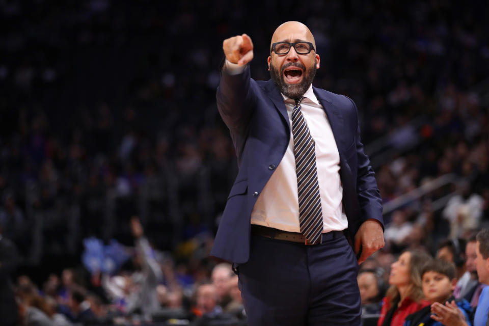 DETROIT, MICHIGAN - NOVEMBER 06: Head coach David Fizdale of the New York Knicks reacts while playing the Detroit Pistons at Little Caesars Arena on November 06, 2019 in Detroit, Michigan. Detroit won the game 122-102. NOTE TO USER: User expressly acknowledges and agrees that, by downloading and/or using this photograph, user is consenting to the terms and conditions of the Getty Images License Agreement.  (Photo by Gregory Shamus/Getty Images)