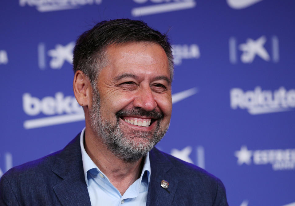 Soccer Football - FC Barcelona unveil new signing Pedri - Auditorium 1899, Barcelona, Spain - August 20, 2020  FC Barcelona president Josep Maria Bartomeu during the unveiling  REUTERS/Albert Gea