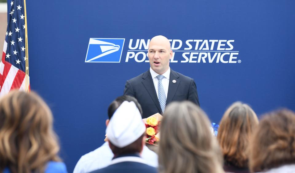 Congressman Anthony Gonzalez participates in a U.S. Post Office dedication cememony to rename Lance Corporal Stacy "Annie" Dryden North Canton Post Office in honor of the 2004 GlenOak graduate who died in 2008 while serving in Iraq. Wednesday,  September 15,  2021.