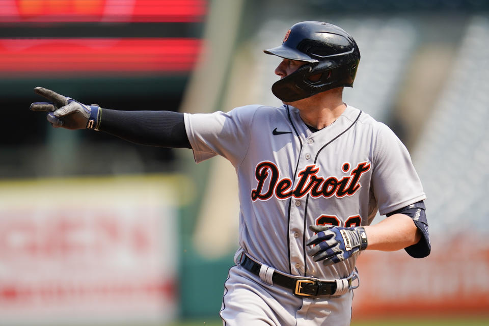 Detroit Tigers' Spencer Torkelson (20) runs the bases after hitting a home run during the fourth inning of a baseball game against the Los Angeles Angels in Anaheim, Calif., Wednesday, Sept. 7, 2022. (AP Photo/Ashley Landis)