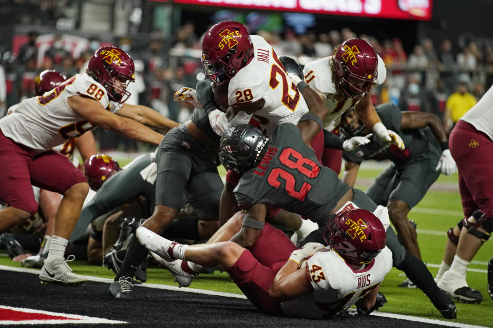 Iowa State running back Breece Hall (28) runs in for a touchdown against UNLV during the first half of an NCAA college football game Saturday, Sept. 18, 2021, in Las Vegas. (AP Photo/John Locher)