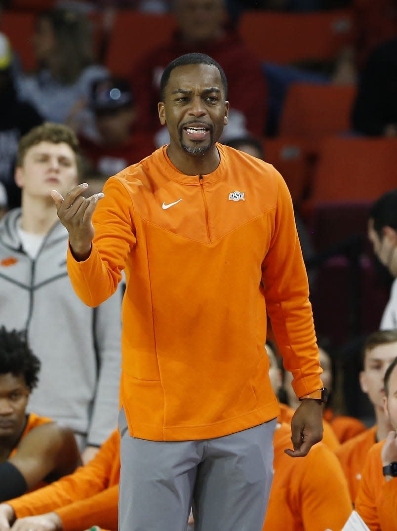 OSU coach Mike Boynton gestures to his team during the first half of Bedlam on Saturday in Norman.