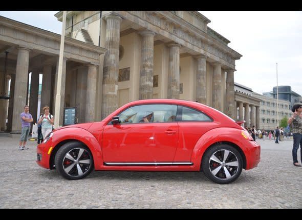 Volkswagen is a company whose history is steeped in German politics and war. The company was introducing the all-new 2012 Beetle to the media in July.    We drove it up on to the plaza in front of the Brandenburg Gate, and no officials seemed to mind. The car hits U.S. showrooms in the Fall.    Photo: David Kiley/HuffPost Travel