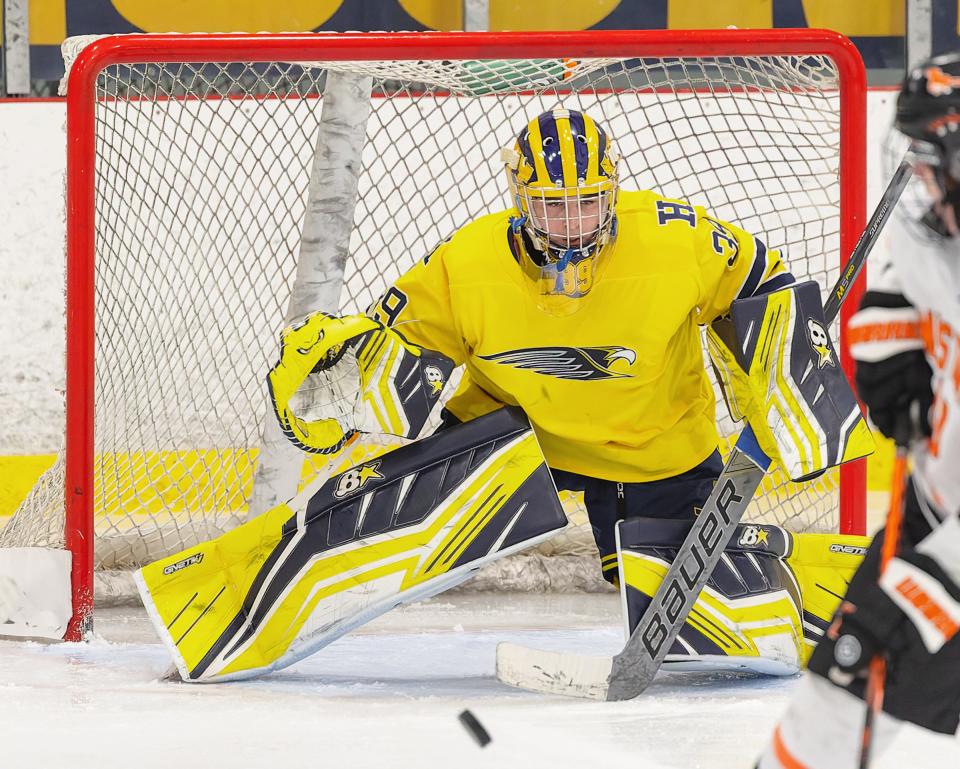 Hartland's Brady Hubenschmidt made 17 saves in a 6-1 victory over Northville on Wednesday, Jan. 4, 2023 at Hartland Sports Center.