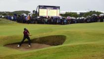 Jul 21, 2017; Southport, ENG; Jordan Spieth hits from the a bunker along the 14th green during the second round of The 146th Open Championship golf tournament at Royal Birkdale Golf Club. Mandatory Credit: Thomas J. Russo-USA TODAY Sports